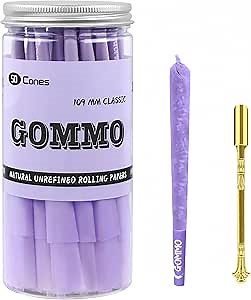 GOMMO 50 Pack Pre Rolled Cones King Size Cones Rolling Paper 109mm Natural Purple Rolling Papers with Golden Packing Spoon Included