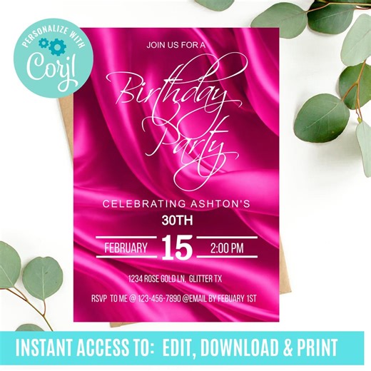 Hot Pink Birthday Invitation Template, Fuchsia Satin Evite (digital Download, Editable in Corjl - Etsy