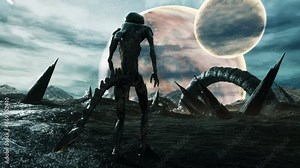 An alien walks on his amazing planet. Landscape of an creepy alien planet in the lost space. Animation for fantasy, fiction or space backgrounds.
