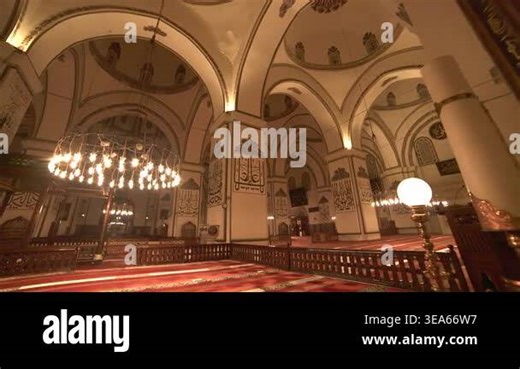Interior of worlds most beautiful giant historic mosque showcasing sacred Islamic architecture. Bursa landmark, Turkish heritage, calligraphy walls, spiritual fit religion and travel demand. mosque, muslim, prayer, imam, quran, bursa Stock Video Footage - Alamy