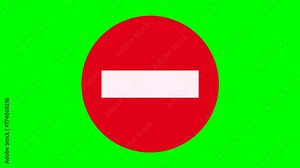 Appearance of the red crossed out circular prohibited direction sign coming from the front on a green screen, transparent background with alpha channel