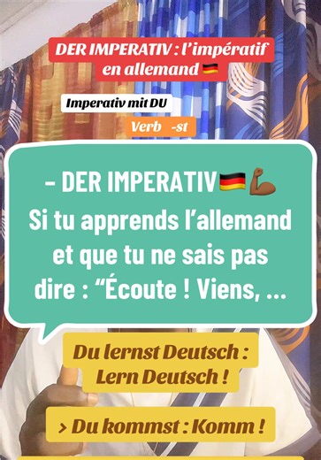 – DER IMPERATIV mit Hassan 😅. Si tu apprends l’allemand et que tu ne sais pas dire : “Écoute !”, “Viens !”, “Apprends !” alors tu as un gros problème…parce que tu ne maîtrises pas l’impératif en allemand. Déjà qu'à l'impératif, tu n'utilises que 3 pronoms personnels : du, ihr et sie. Il sert à donner les ordres, les conseils, les invitations et les encouragements. 1️⃣ L’impératif avec