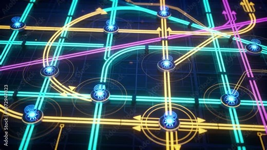 Looping animation of a smart‑city traffic network. Glowing routes shift in a rhythmic cycle, IoT nodes pulse, and the camera gently oscillates.