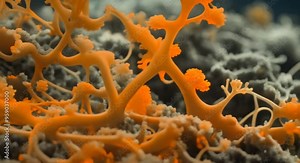 Fluorescence microscope that illustrates the symbiotic interaction between fungi and plants showing fungal hyphae growing on a plant root 4k animation