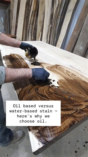 When Sean wipes an oil-based stain onto a Siberian elm tabletop, the colour doesn’t just sit on the surface — it penetrates into the wood fibres. That deeper absorption is what creates rich, warm tones and really brings out the grain. Oil-based stains absorb at different rates depending on the wood’s structure, which is exactly what you want in ring-porous woods like elm, oak, and ash. The grain pattern becomes more defined, not muted. We’ve worked with @minwaxcanada oil-based stains from the be