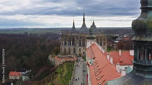 Baroque steeples and roofs in Kutna Hora, St. Barbara's Church behind.