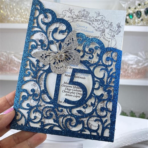 Royal Blue/silver Laser Cut Pocket Quinceañera Invitation - Etsy