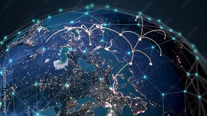 Abstract Tech Earth Globalization in 3d Motion Graphic. Concept Transmit Ai Networking on Fiber Optic. Transfer 5g Web Communications Signal on Worldwide. Global Business Dots on Rotating Blue Planet