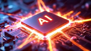 Advanced Microprocessor Connecting with a Motherboard and Activates entire System. AI Letters on Chip Glowing. Energy Pulse Expanding after CPU Connected to Socket