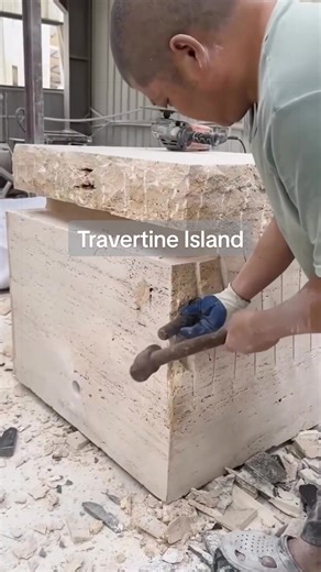 An island countertop made from a single block of travertine. #naturalstone ##StoneFactory #travertine #interiordesign #fy