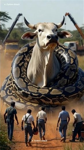 Rescue team arrives to save bull from python