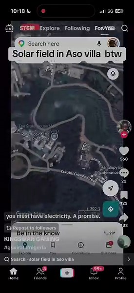 TikTok user shares satellite view of the massive solar installation at Aso Rock, claiming the President enjoys 24-hour power supply while many Nigerians continue to experience electricity shortages.