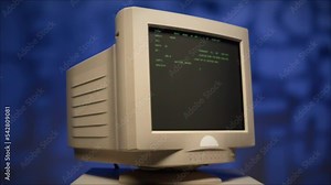 Retro pc with loading code console, programmer making scripts, green basic screen, Old computer studio blue night background close-up, Desktop vintage retro wave display, late 90s PC.