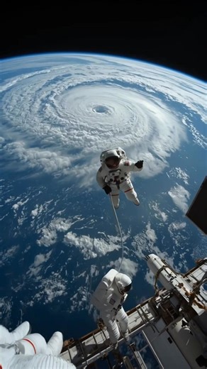 80K views · 1.7K reactions | The ultimate perspective.  Two astronauts on a high-stakes spacewalk, suspended 250 miles above Earth. Below them, a massive hurricane churns in the ocean—a silent, swirling reminder of our planet's raw power. This view humbles me. What's the first word that comes to your mind looking at this? #Space #ISS #NASA #Earth #Hurricane #Spacewalk #Astronauts #Science #Perspective AI Generated Image | Astrovibe | Facebook