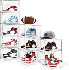 10Pack Acrylic Shoe Display Case 360° Clear Plastic Shoe Box Stackable Sneaker Storage Box with Magnetic Door Shoe Boots and Hat Organizer Size 15