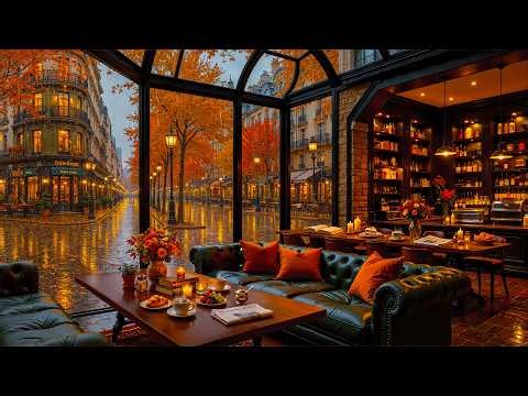 Peaceful Autumn Jazz in Cozy European Cafe Ambience 🍂 Soft Piano Jazz & Relaxing Rain Sounds to Work