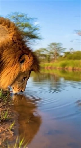 The lion meets a tiny duck — a moment of peace in the wild.