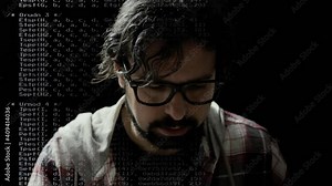 Closeup shot: a hipster man typing on a computer keyboard in the darkness, surrounded by scrolling source code, getting tired.