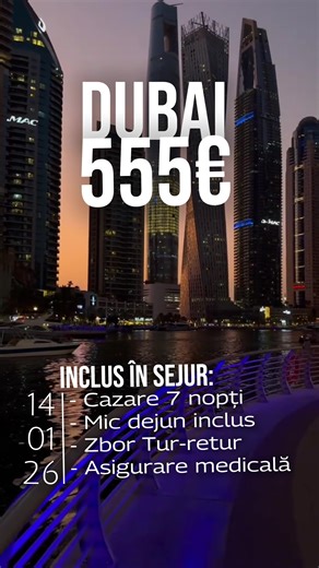 🌴✨ DUBAI ✨🌆 Începe anul cu o vacanță ca în filme: plaje, lux și skyline-ul care nu doarme niciodată! 🇦🇪🔥 Zbor direct din Chișinău   7 nopți în Emirate la prețuri care chiar te surprind: 💸 Preț / adult (cameră dublă): 🏨 Nova Park Hotel 3* – 555€ 🏨 Ras Al Khaimah Hotel 4* – 501€ 🏨 Radisson Blu Fujairah 5* – 640€ 🏨 Royal M Fujairah by Gewan 5* – 685€ 🏨 Golden Tulip Media 4* – 710€ 🏨 Voco Monaco Dubai – Adults Only 5* – 770€ 🏨 The Cove Rotana Resort 5* – 861€ 🔥 Ce primești în pachet: ✈