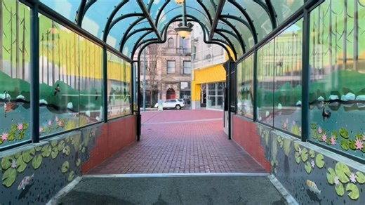 Spaceworks Tacoma on Instagram: "It’s complete! ✨ The “Koi Pond in the Sky” has reached its final form. In 2024, artist Nori Kimura, @monkey3productions, painted the stunning lower portion by hand. This week, the upper glass portion came to life with Nori’s digital designs, printed and installed by @riotcreativeimaging Seattle branch. Two phases, one breathtaking vision realized. Nori created this mural as a serene portal, a way to weave nature and calming greenery into our urban landscape. It’s