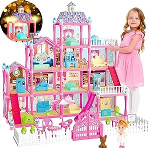 OCTERIC Doll House for Girls,13 Rooms Dollhouse with 2Dolls Figure, Lights, Puppies,Furnitures, Accessories, Toddler Playhouse Gift for for 3 4 5 6 7 8 9 10 Year Old Girls Toys (Pink)