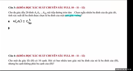 🎁[TẶNG 2K8] BÀI GIẢNG PHÉP ĐẾM & XÁC SUẤT 🔥Nhận File đề File viết tay bài giảng = Còm men "TTT" NỘI DUNG: CHUYÊN ĐỀ 8 - BÀI TOÁN ĐẾM LIÊN QUAN ĐẾN TÍNH CHẤT ĐA GIÁC - (BUỔI 1) (THẦY ĐỖ XUÂN THẮNG) Đây là một bài giảng trong khóa học Zoom của thầy, bài toán đếm liên quan tính chất đa giác là một chủ đề vô cùng quan trọng trong tất cả các kỳ thi của các em. Thông qua bài giảng các em sẽ được học: 👉 Cách đếm: Số đường chéo, số hình chữ nhật, tam giác vuông, nhọn, tam giác tù, tam giác cân, hình 