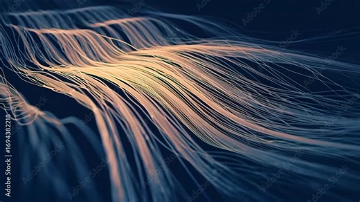 Thousands of fiber optic strands, each carrying a pulse of soft golden light, bundle together and flow elegantly across the frame. The background is a deep, clean navy blue. Represents data transfer a