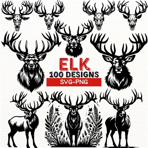 Elk SVG PNG Designs Bundle | Wild Elk Antlers Clipart | Hunting Elk Skull Silhouette | Wildlife Animal Cut Files for Cricut - Etsy