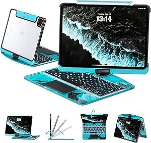 Transparent Case with Keyboard for iPad 11th Gen 11-in.(A16, 2025) & 2022 iPad 10th Gen 10.9-in,7-Color Backlit,Wireless Keyboard, 360°Rotating,with trackpad,Pencil Holder,with Shortcuts,Blue