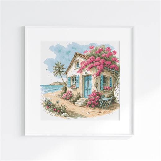 Beach Cottage Cross Stitch Pattern – Coastal House Seascape Chart (digital PDF) - Etsy