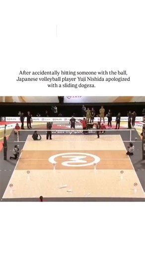 sport.decodee on Instagram: "- The post captures a viral moment from Japan's 2026 Volleyball All-Star Game, where star player Yuji Nishida accidentally strikes a line judge with a fierce serve, prompting his swift, knee-sliding dogeza—a traditional prostration of deep remorse—across the court to check on the official. - This gesture blends athletic prowess with cultural humility, as dogeza symbolises utmost respect in Japan, turning a mishap into a heartwarming display that has amassed over 1.6