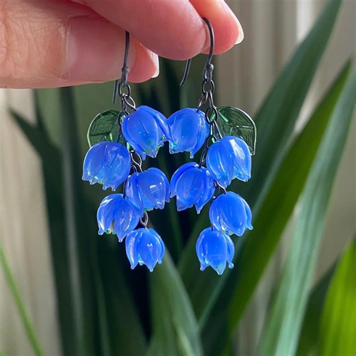 Lampwork Glass Bell Flower Earrings: Periwinkle Blue, Oxidized Sterling Silver - Etsy UK