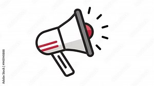 White megaphone with red stripes, black outline, sound waves. Perfect for announcements, communication, events, marketing, promotions, or advertising materials.