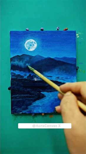 Peaceful River with moonnight Reflection on Canvas tutorial 🎨🌝 #shorts