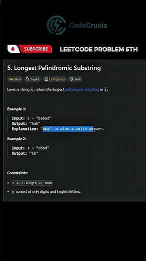 Leetcode Problem 5th Longest Palindromic Substring #leetcode5