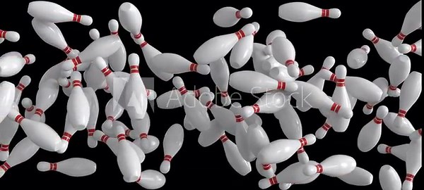 3D bowling pin animation with multiple pins moving across the screen from left to right. Ideal for sports visuals, game content, fun transitions, and motion graphics projects. 4K UHD with alpha channe