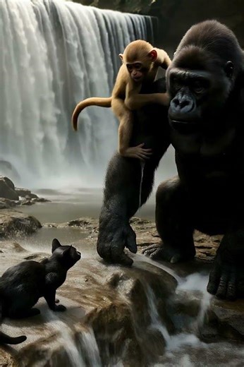 Cat Nears Waterfall Monkey? Gorilla Blocks 🦍🐱🐒 Monkey Laughs Almost Falls 😂💦#gorilla #cat ##funnywe