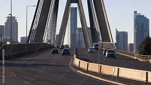 Cables of Anzac bridge in City of Sydney with light traffic – 4k.