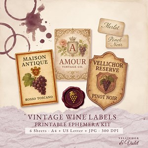 Printable Ephemera Wine Labels, Watercolor Style Vintage Winery Labels for Junk Journals (digital Download) - Etsy