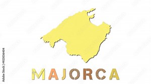 Majorca map with paper regions. Animated island map growing from regions and title letters falling down. Astonishing 4K animation.
