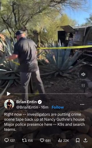 Brian Entin from NewsNation has just posted this footage from the outside of missing woman Nancy Guthrie’s home. Despite authorities previously saying they were finished with the scene, they have now arrived back at the home and are putting up crime scene tape. Brian has also reported that a grid search is happening around Nancy’s home now. Source - https://x.com/i/status/2019193459870167394 DISCUSSION FOR NANCY’S CASE - True Crime Society: Calling For Backup | True Crime Society