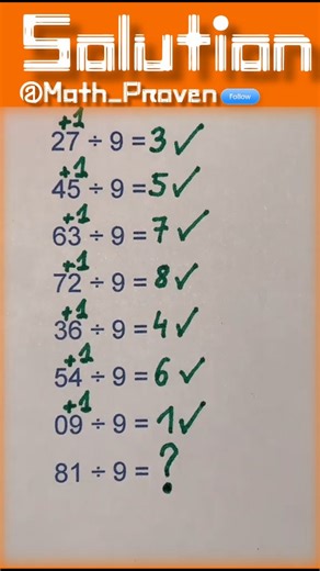 Math_proven on Instagram: "Division by 9 magic unlocked – see the pattern? ✨🔢 27 ÷ 9 = 3 ✓ 45 ÷ 9 = 5 ✓ 63 ÷ 9 = 7 ✓ 72 ÷ 9 = 8 ✓ 36 ÷ 9 = 4 ✓ 54 ÷ 9 = 6 ✓ 09 ÷ 9 = 1 ✓ Now crack it: 81 ÷ 9 = ? Comment the answer below! 👇 Drop '9' if you spotted the pattern or '🔥' if this blew your mind. Perfect for division by 9 trick, mental math division shortcuts, divide by 9 pattern, and quick maths hacks. Follow @math_Proven for daily division challenges, math magic tricks, and brain-boosting patterns! 