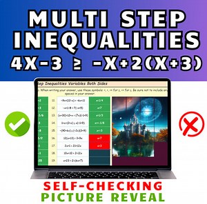 Solving Multi-Step Inequalities with Variables mystery Picture art Reveal