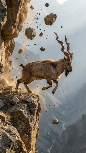Mountain Goat Escapes Falling Rocks on a Cliff Crazy Goat Mountain Video | GoPro on a Mountain Goat