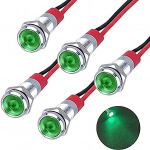 5Pcs 12V-24V Energy Saving LED Indicator Light Mounting Hole 6mm (1/4") 20mA Waterproof Wide Flat Head Signal Lamp Pilot Dash Directional with Wire （Green LED）