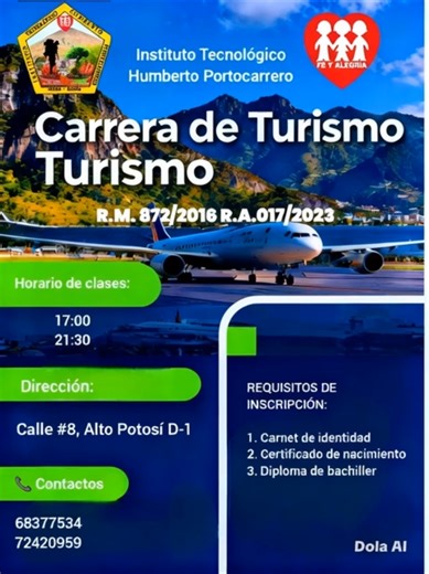 ✈️ TURISMO La carrera de Turismo forma profesionales con enfoque 70% práctico y 30% teórico. Durante los 3 años de formación, los estudiantes realizan prácticas en museos, instituciones públicas y privadas, eventos y espacios turísticos. Campo laboral: • Guía turística • Hotelería • Gastronomía • Organización de eventos • Planificación de proyectos turísticos comunitarios Título: Técnico Superior Turno tarde (5:00 p.m. a 9:30 p.m.) – Alto Potosí #Turismo #TecnicoSuperior #FormacionPractica #PORT