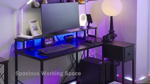 40" Gaming Desk with LED Lights & Power Outlet, L Shaped Desk with Drawer & Monitor Stand, Computer Desk for Small Room, Gaming, Corner Desk for Study Room, Bedroom, Black