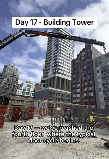 Day 17 — we've reached the fourth floor, where the typical floor cycle begins. Curtain wall panels arrive at the port in two weeks as we prepare to move into the façade phase. Hoist mobilization starts tomorrow. Follow to watch this 38-story tower rise. #skyscraper #construction #tower #building #highrise