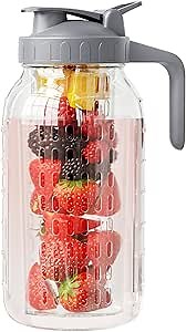 Fruit Infuser Water Pitcher,Glass Mason Jar Pitcher,64oz(2 Quart) Wide Mouth Jug with Pour Spout Handle Lid for Fruit Drinks,Cold Brew Coffee,Ice Beverage,Iced Juice,Lemonade,Sun Tea Container