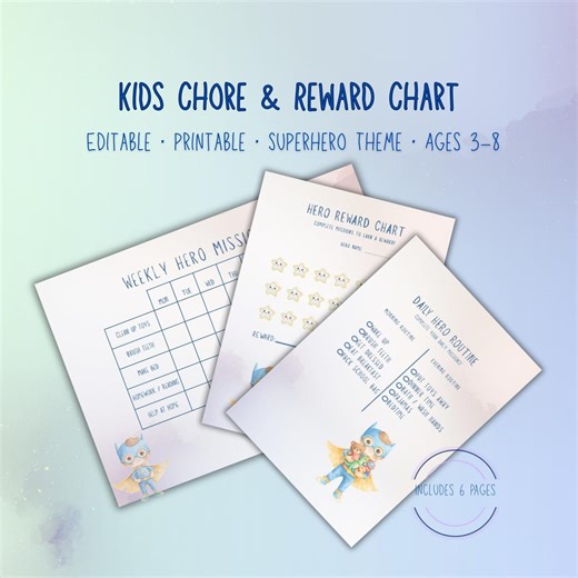 Superhero Chore and Reward Chart Printable for Kids, Editable Daily Routine Ages 3–8 - Etsy